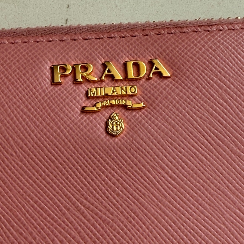 Prada Saffiano Zip Around Wallet Pink Gold Logo Continental - Picture 6 of 15